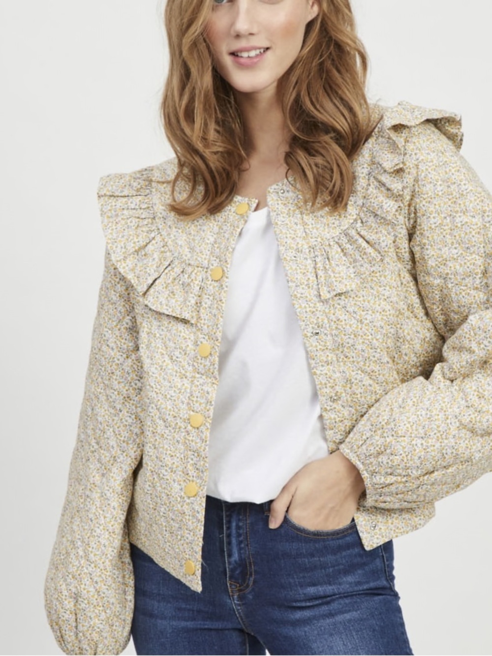 Vila Floral Ruffle-Collar Quilted Jacket in Light Yellow